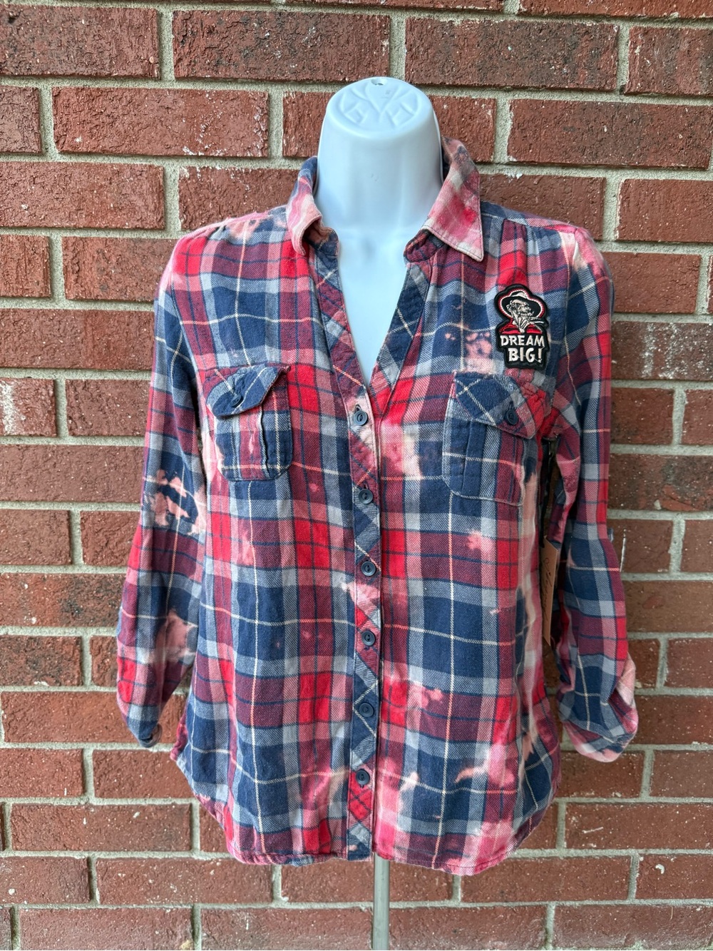 Custom - Freddy Krueger - Plaid Flannel Shirt 'Dream Big' Patch - Red & Blue